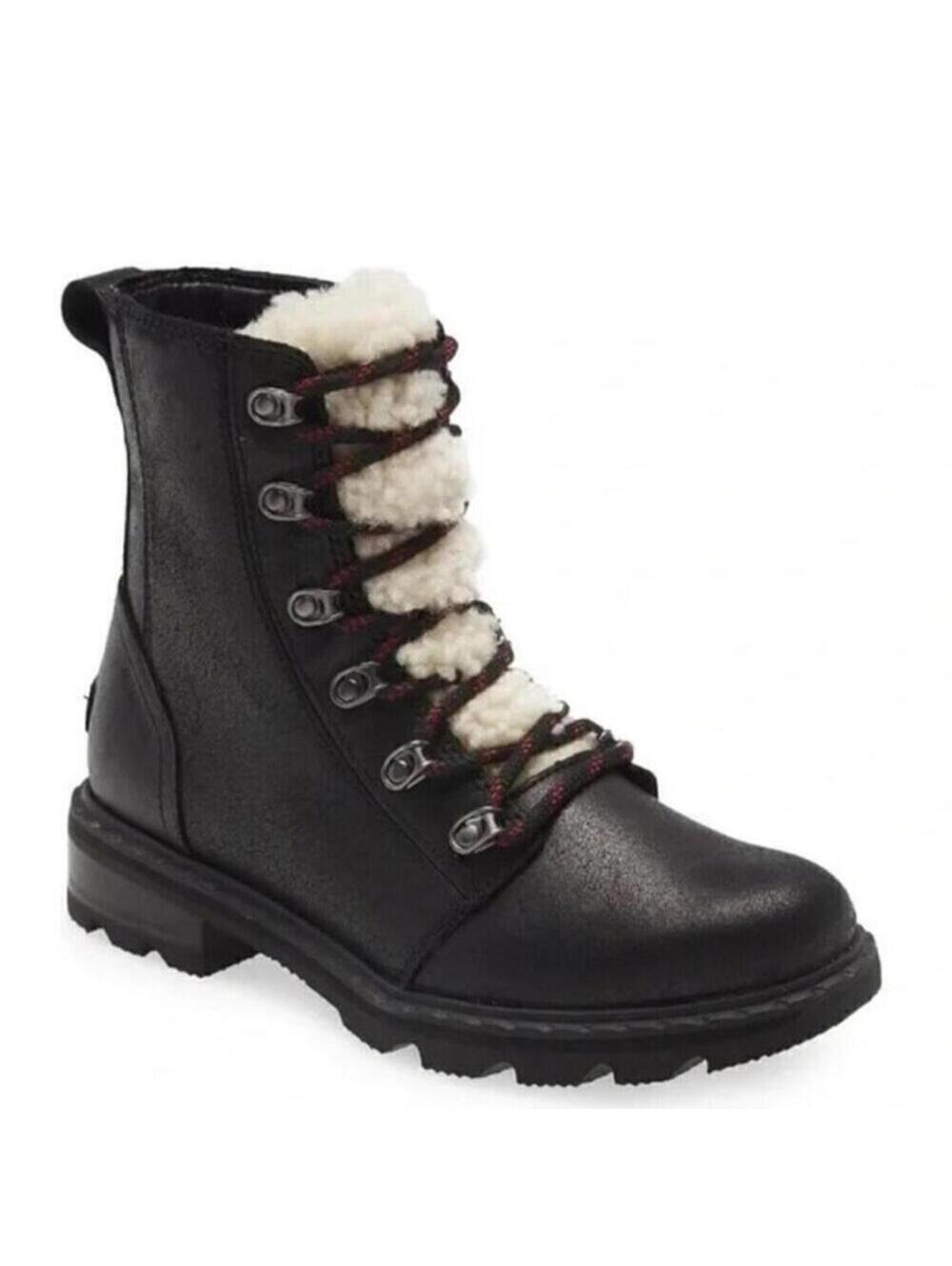 SOREL Womens 7 Black Leather Boots Lace Up Shearling Trim Waterproof NEW IN BOX